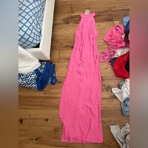 Pink open back maxi dress with side leg split
